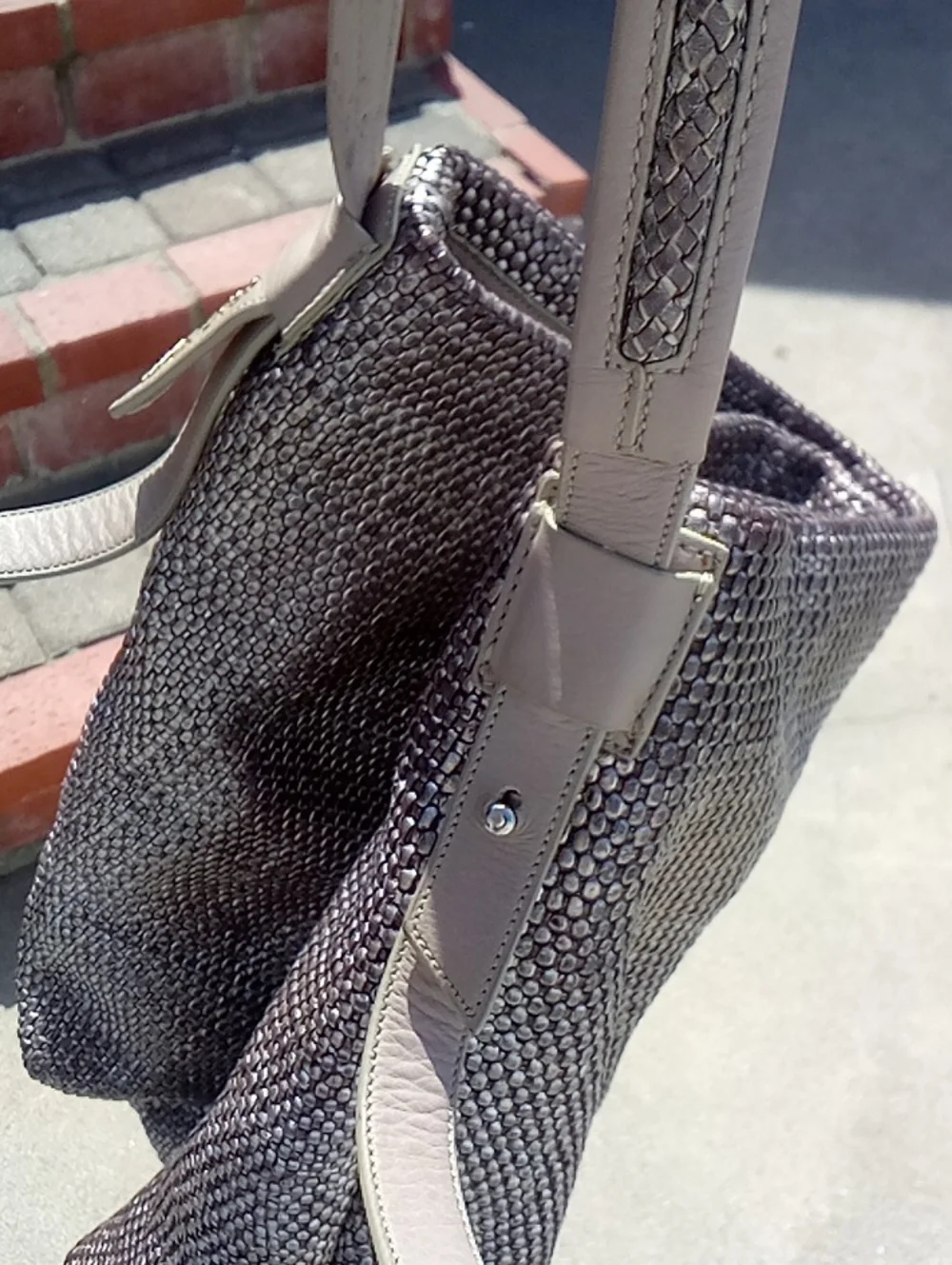 Cole Haan Pewter Golden Beige Woven Leather Genevieve Large Bucket Hobo